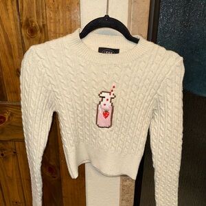 Cider Cream Cable Knit Sweater with Pink Strawberry Milk Motif